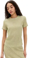 Vince Womens Gingham-print Seersucker Woven T-shirt Herbaria Combo In Herbaria Combo