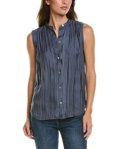 Vince Crinkled Band Collar Blouse In Blue