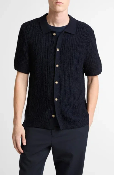 Vince Crochet Cotton Short Sleeve Button-up Shirt In Blue
