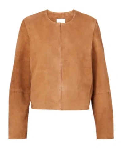 Vince Cropped Leather Jacket In Brown