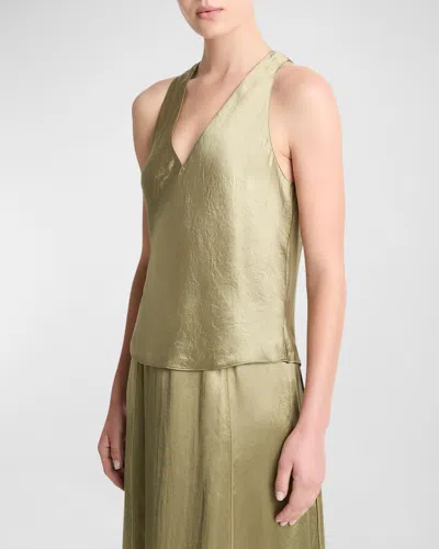 Vince Crossover V-neck Crushed Satin Tank Top In Green