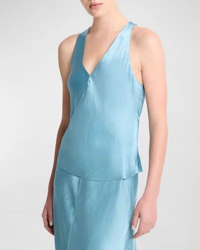 Vince Crossover V-neck Crushed Satin Tank Top In Jade Sea