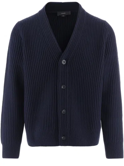 Vince Deep V-neck Ribbed Knit Sweater In Blue