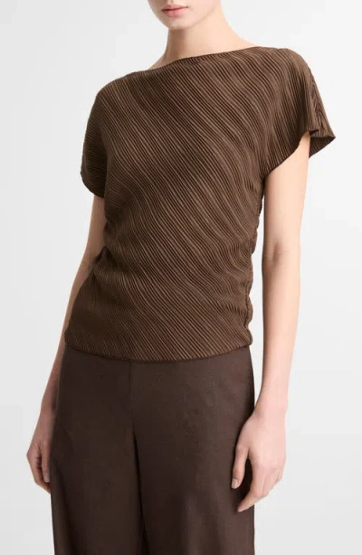 Vince Diagonal Pleat Satin Top In Brown