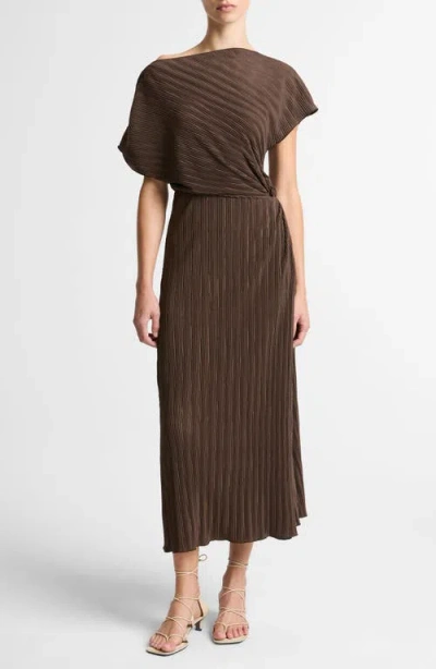 Vince Diagonal Pleated Twist Waist Midi Dress In Brown