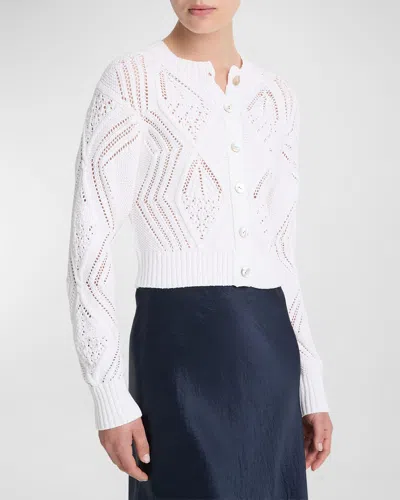 Vince Diamond Cable-knit Short Cotton Cardigan In Optic White