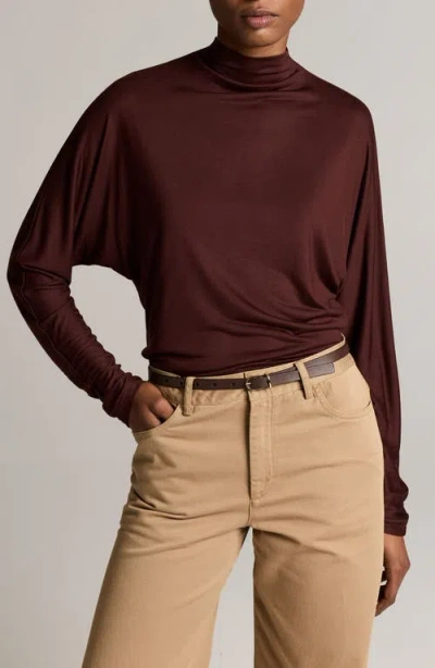 Vince Dolman Sleeve Draped Funnel Neck Top In Burgundy