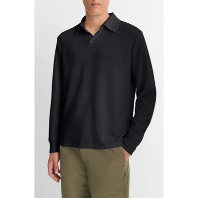 Vince Double Face Long Sleeve Polo In Black