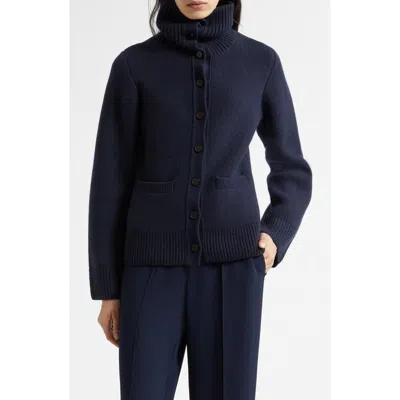 Vince Double Face Wool Blend Turtleneck Cardigan In Blue