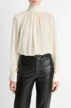 Vince Draped Ruffle Mock Neck Crepe Top In White