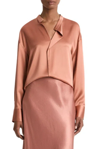 Vince Draped Stand-collar Long-sleeve Silk Blouse In Petal Amber