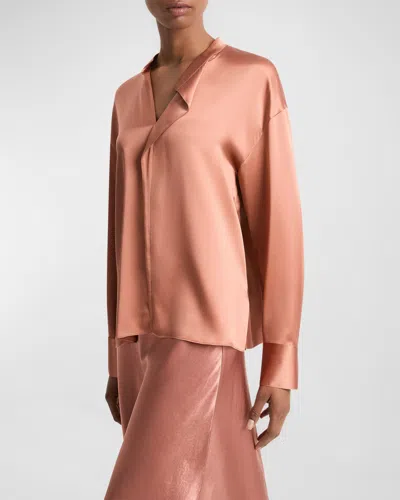 VINCE DRAPED STAND-COLLAR LONG-SLEEVE SILK BLOUSE