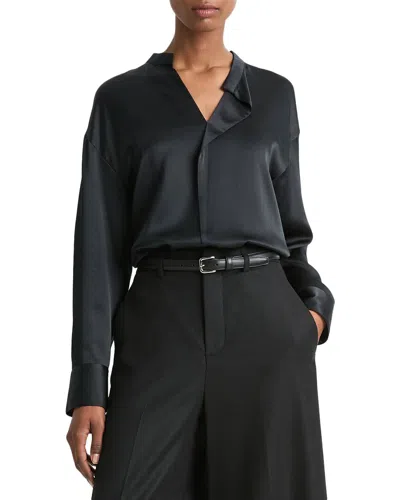 Vince Draped Stand Collar Silk Blouse In Black