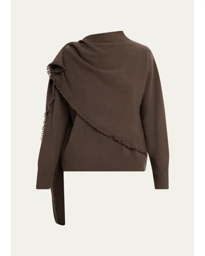 Vince Draped-shawl Fringed Wool-cashmere Sweater In Brown