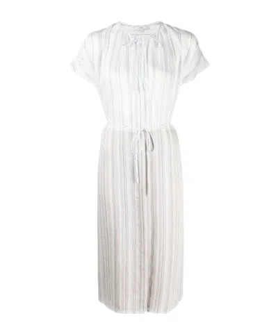 Vince Drapey Stripe Shirred Midi Dress In White