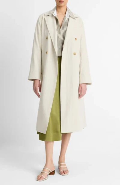 Vince Drapey Tie Waist Double Breasted Trench Coat In White Stone