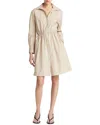 Vince Drawcord Ruched Cotton Poplin Mini Shirtdress In Beige