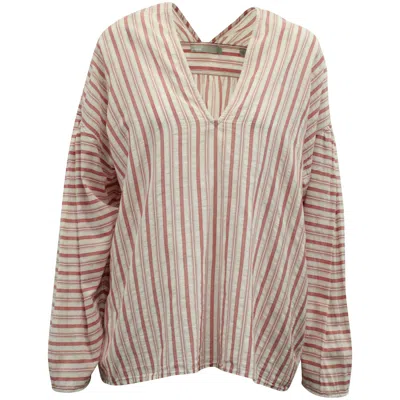 Vince Drop Shoulder Long Sleeve Striped Blouse In Red/white Cotton In Multi