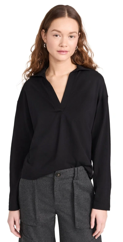 Vince Long-sleeve Silk Pullover Polo Top In Black