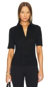 Vince Elbow-sleeve Silk Rib Polo Shirt In 黑色