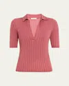 Vince Womens Peony Wood Ribbed V-neck Cotton Polo Shirt In Pink