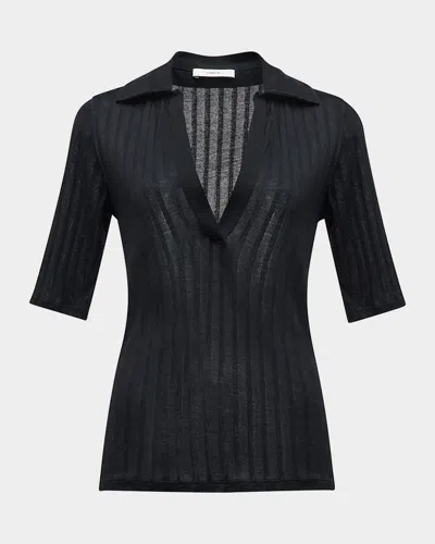 Vince Elbow-sleeve Silk Rib Polo Shirt In Black