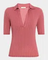 Vince Elbow-sleeve Silk Rib Polo Shirt In Pink