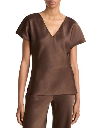Vince Essential Cap Sleeved V Neck Blouse In Brown