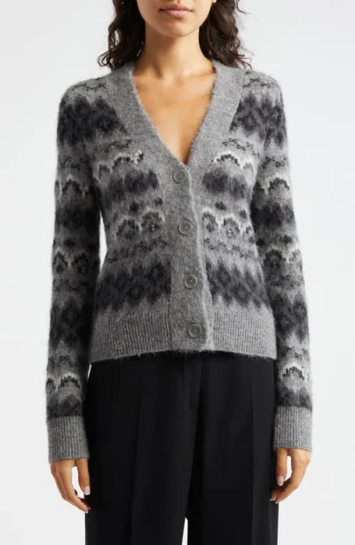 Vince Fair Isle Alpaca Blend V-neck Cardigan In Heather Grey Combo