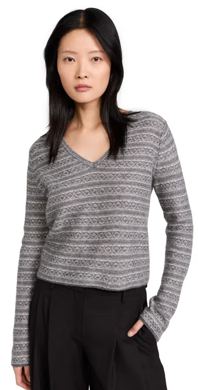 Vince Fair Isle V Neck Cashmere Pullover Med Heather Grey Combo