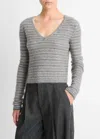 Vince Fair Isle V-neck Long Sleeve Tee In Heather Grey Combo In Gray