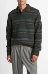 Vince Fair Isle Johnny Collar Dark Leaf Combo In Green