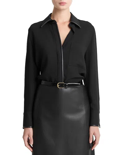 Vince Faux Leather Trim Blouse In Black