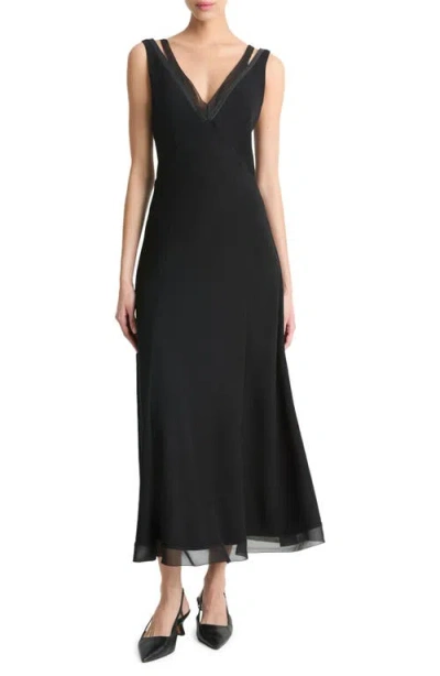 Vince Faux Leather Trim Chiffon Dress In Black