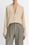Vince Faux Leather-trim Dolman-sleeve Blouse In Dark Ivory In Metallic