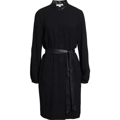 VINCE VINCE FAUX LEATHER TRIM LONG SLEEVE SHIRTDRESS