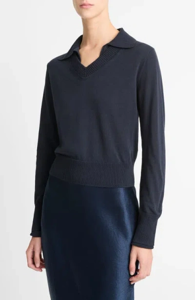 Vince Fine Layered Collared Sweater In Navy
