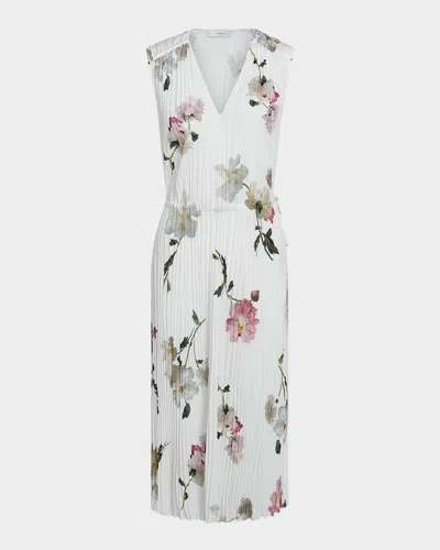 Vince Floral Pleated V-neck Midi Dress In White