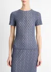 Vince Floral Smocked Short Sleeve Crew Neck Sweater In Mauve Thistle In Blue