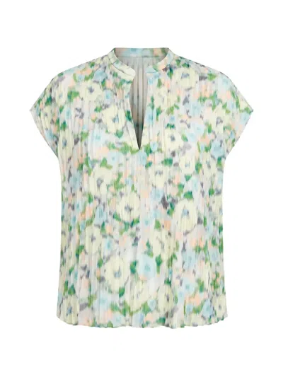 Vince Painted Garden Cap Sleeve Pleated Top In Herb Petal In Multi