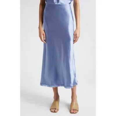 Vince Frayed Trim Satin Midi Skirt In Blue