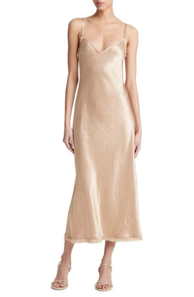 VINCE FRAYED TRIM SATIN SLIPDRESS