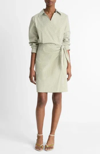 Vince Furrow-stripe Long-sleeve Wrap Dress In Herbaria/off White