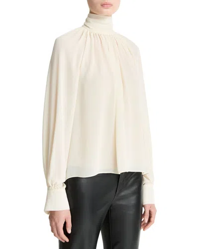 Vince Gathered Draped Neck Blouse In Neutral