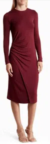Vince Gathered Long Sleeve Midi Dress In Burgundy In White