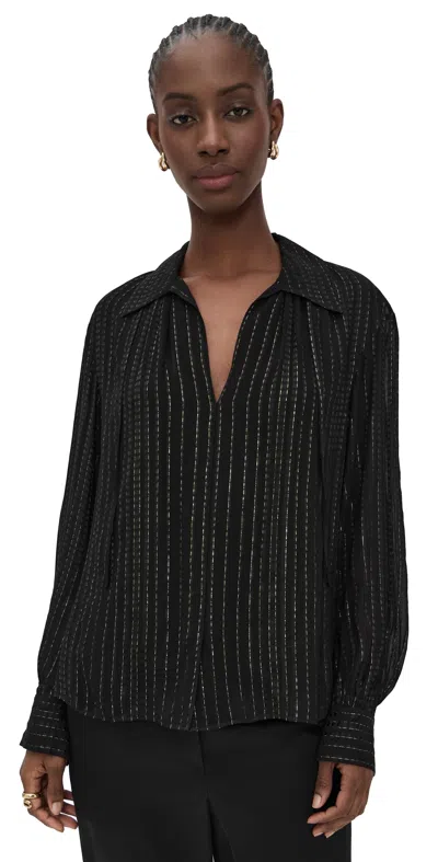Vince Gathered Metallic Stripe Blouse Black