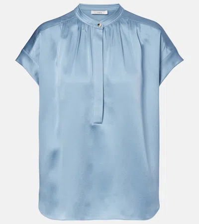 Vince Gathered Silk Satin Blouse In Blue