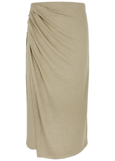 Vince Gathered Wrap-effect Knitted Midi Skirt In Beige