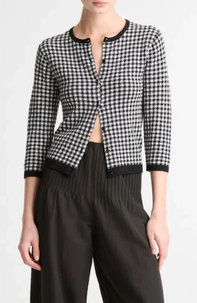 Vince Gingham Three Quarter Sleeve Cardigan In Black