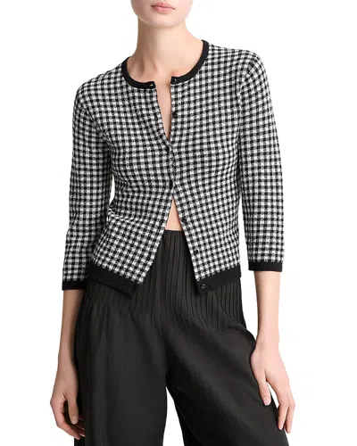 Vince Gingham Three Quarter Sleeve Cardigan In Black